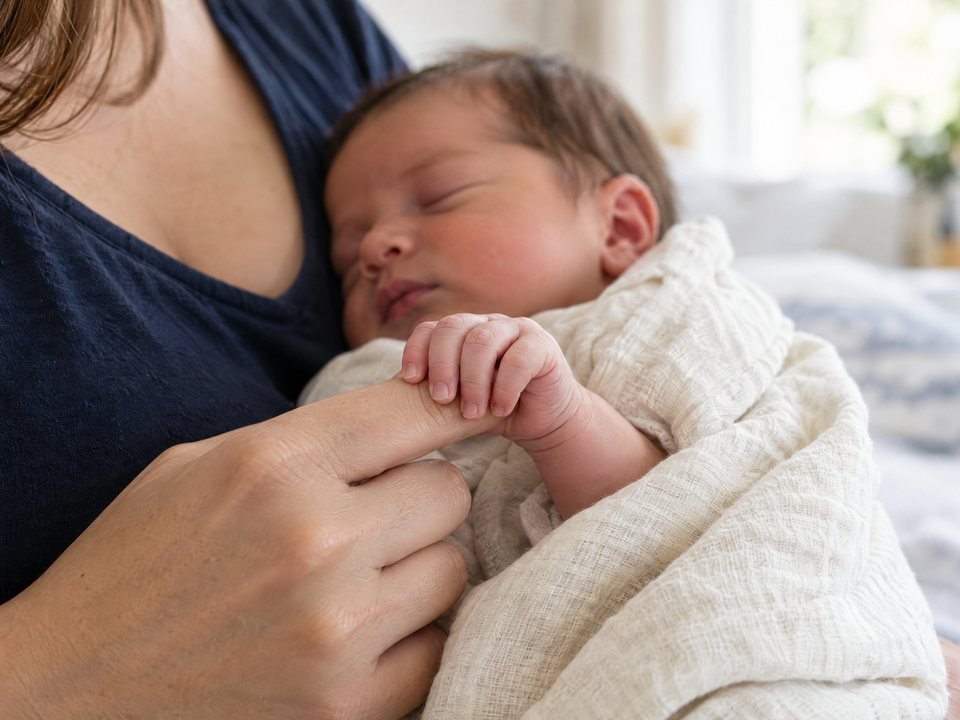 Mãozinha de um bebê recém-nascido segurando o dedo da mãe
