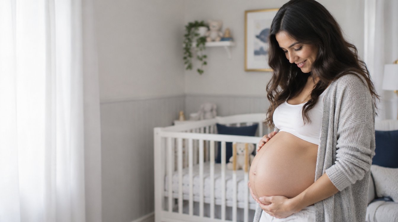 Mãe grávida sorrindo e segurando a barriga no quarto do bebê